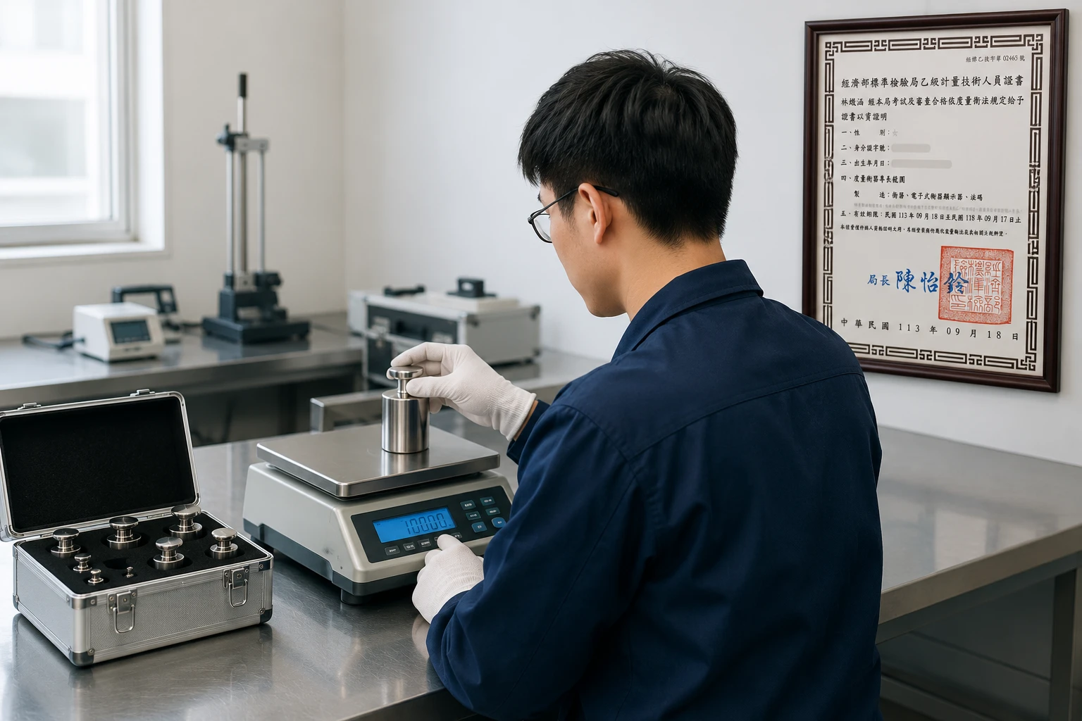 具有乙級證書的專業技師執行磅秤校正作業