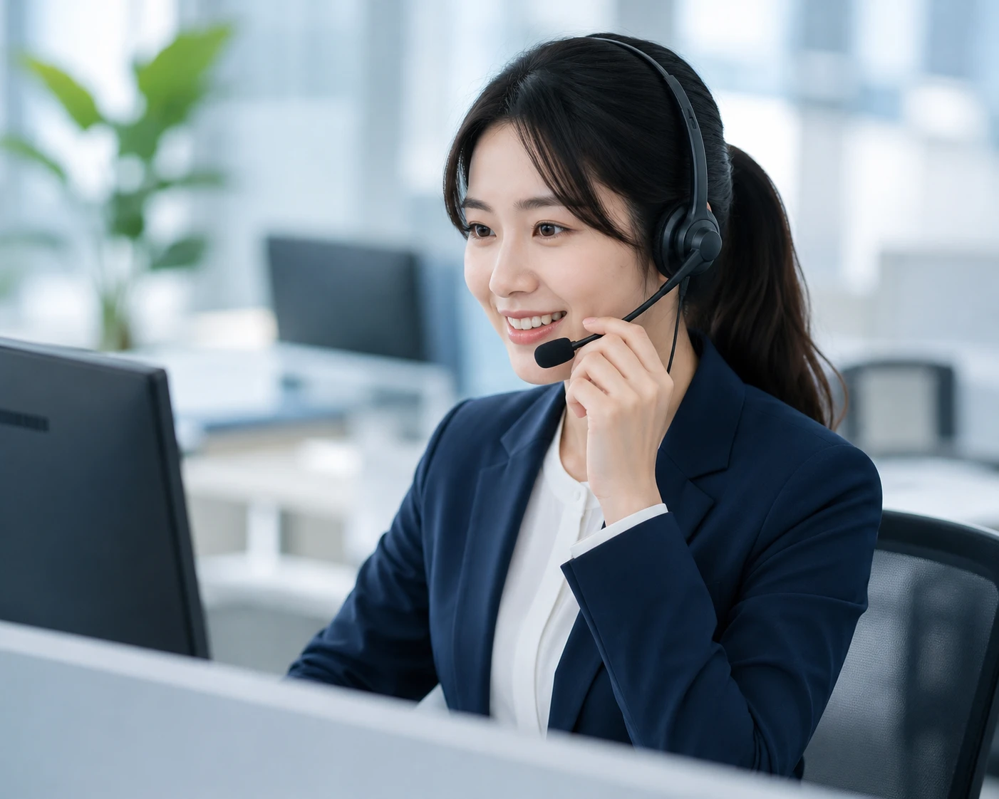 一位亞洲女客服接聽電話