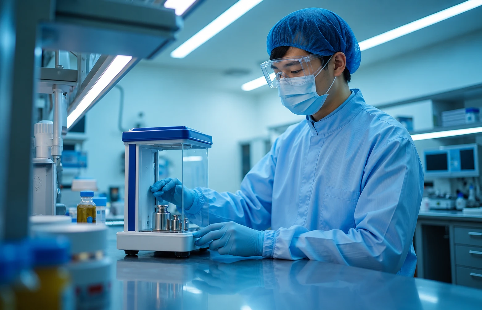 技師在生化醫藥廠為電子天平校準